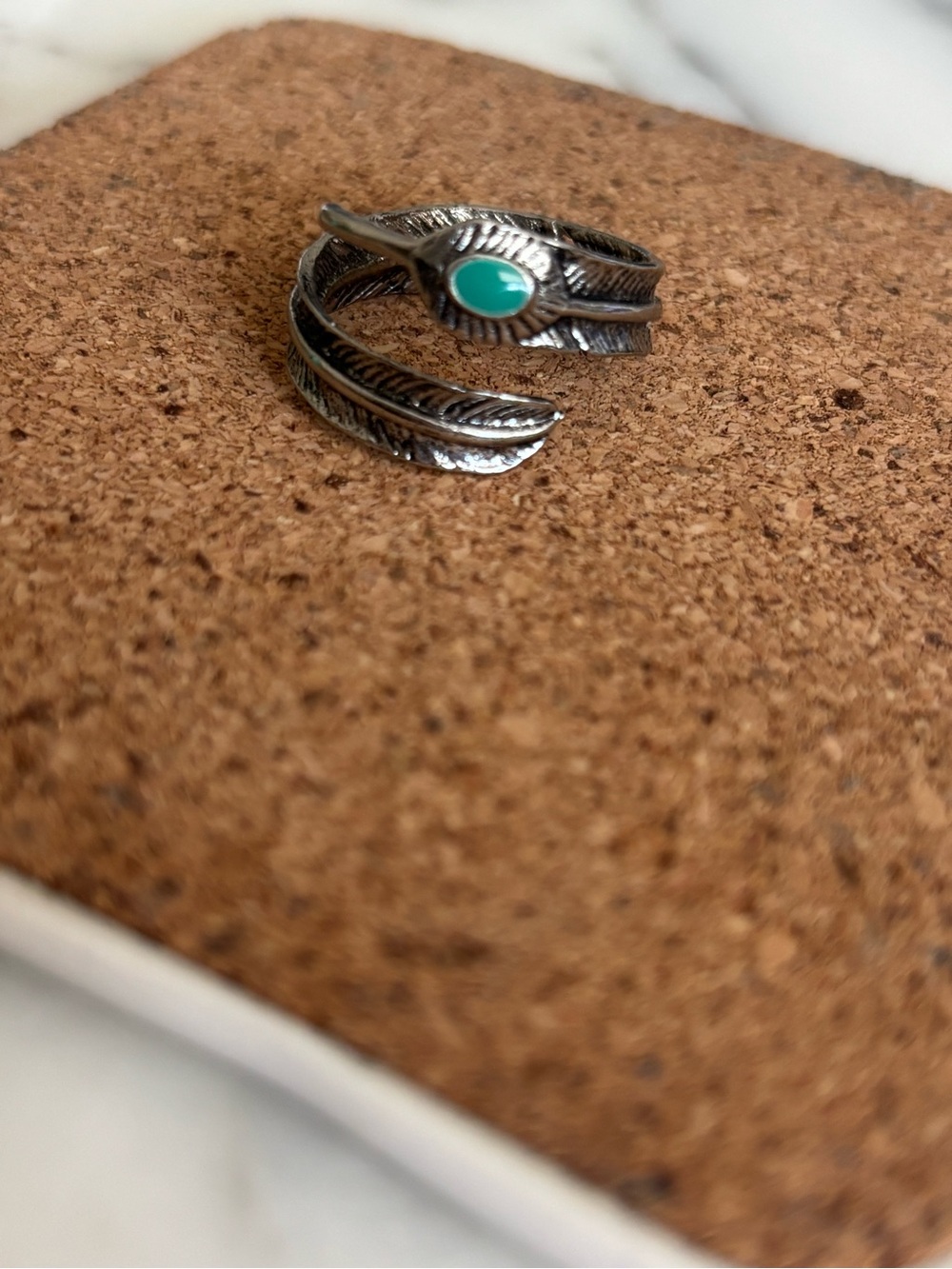 Silver Plated Feather Wrap Ring with Turquoise “like” design.